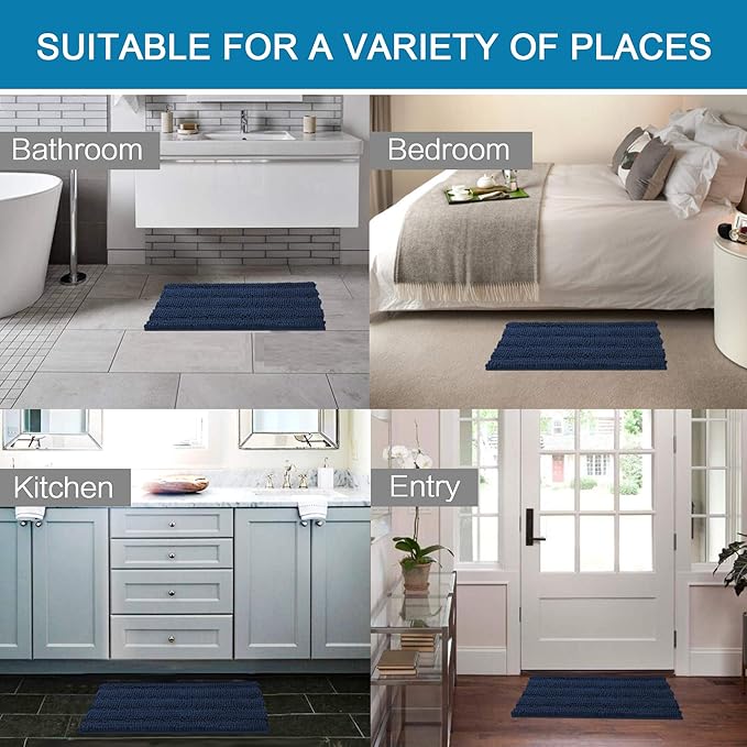 H.VERSAILTEX Bathroom Rugs Bath Rugs for Bathroom Non Slip Bath Mats Extra Thick Chenille Striped Rug 17" x 24" Absorbent Soft Shaggy Washable Dry Fast Bath Mats for Bath Room Floor - Navy