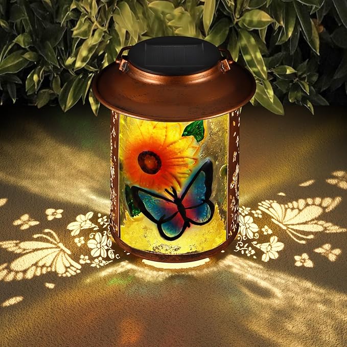 Butterfly Solar Lanterns Outdoor Waterproof, Birthday Gifts for Women Mom Grandma , Metal Garden Decor Hanging Solar Lights Outside Decorative for Yard Patio Backyard Porch Decorations(Sunflower)