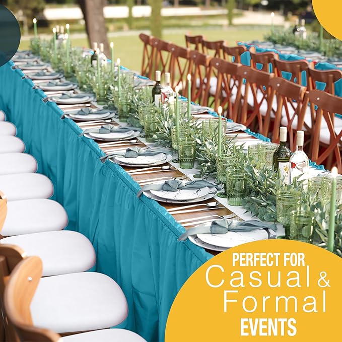 Exquisite Ruffle Table Skirt Turquoise 2 Pack 14 Ft Long Table Skirts for Rectangle Tables 6ft Plus or Round Tables Skirts with Adhesive Strip for Gender Reveal Decor & Happy Birthday Parties