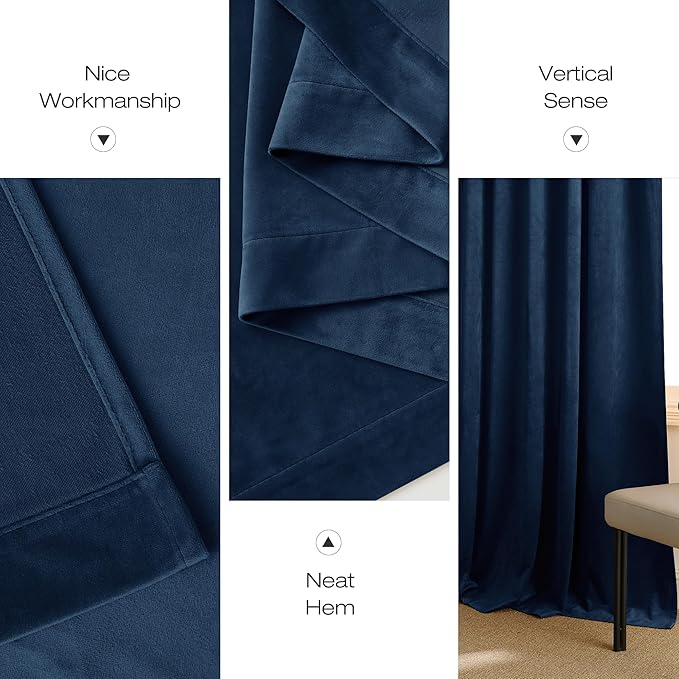 NICETOWN Navy Blue Velvet Blackout Curtains 96 inch Long