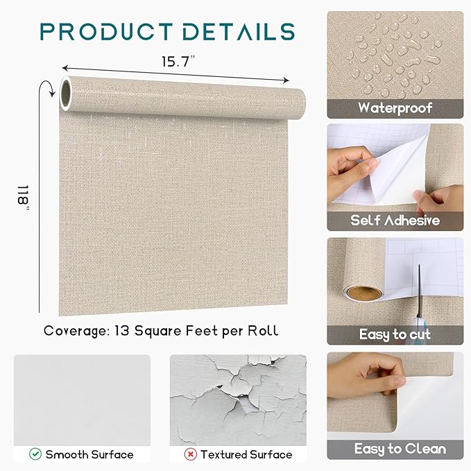 VEELIKE Beige Grasscloth Wallpaper Textured Peel and Stick Grass Cloth Wallpaper