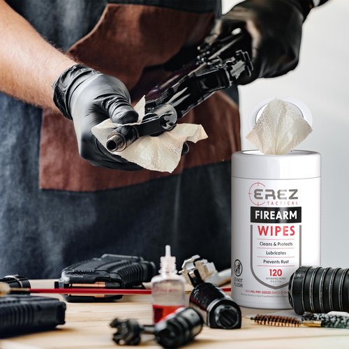 Erez Tactical Gun Cleaning Supplies: 120 Gun Cleaning Wipes, 5"x7" CLP Gun Cleaner Lubricant - Clean, Lubricate, Protect - MIL-PRF-32033 (NATO O-190) Field & Range Gun Cleaning Cloth