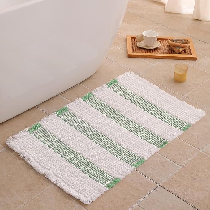 Waffle Bath Mat Non Slip, Boho Bathroom Rug, Super Absorbent Quick Dry Bathroom Mat, Soft Farmhouse Bath Rug with Tassels, Small Washable Shower Mats for Floor 16"x24", White and Green