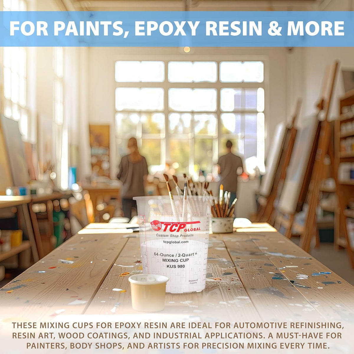Custom Shop Paint Mixing Cups, 64-Ounce (Box of 100) - Plastic Measuring Cups for Liquids, Automotive Painting, Epoxy Resin, Acrylic Arts, Crafts, Disposable or Reusable, Graduated, Mixing Ratios