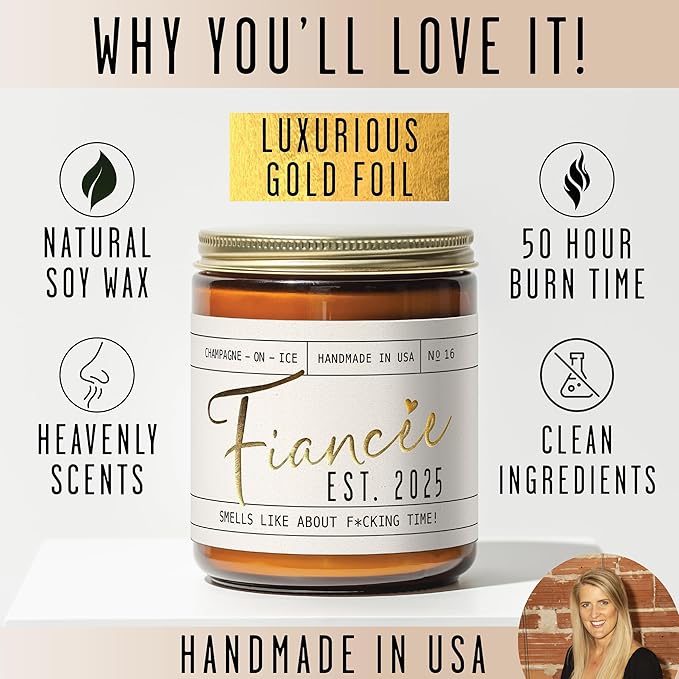 Fiance Gifts for Women, Engagement Gift - 'Fiancee Est. 2025' Soy Wedding Candle, w/Champagne on Ice - Infused w/Essential Oils I Engagement Gift for Her I Bridal Shower Gifts I 50Hr Burn, USA Made