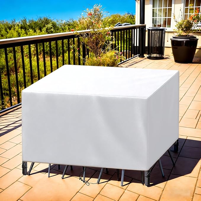 Patio Furniture Cover Rectangle 100"(L) x 48"(W) x 36"(H), Custom Heavy Duty 420D Waterproof Outdoor Cover with Drawstring & Buckles for Table Chair Garden, Silver