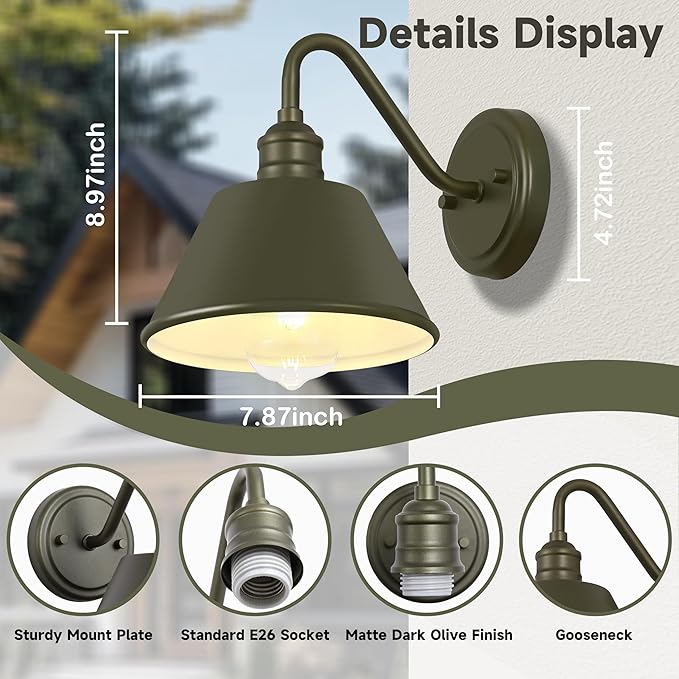 2-Pack Gooseneck Outdoor Light Fixtures, Dark Olive Outdoor Wall Sconces, Farmhouse Barn Light for Porch, Matte Iron Wall Light, Waterproof & Anti-Rust, Garage, Patio, Garden