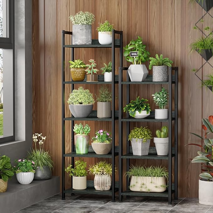 Furologee 4 Tier Bookshelf with Drawer, Small Narrow Bookcase, Wood and Metal Standing Shelf Unit, Industrial Display Storage Shelves Organizer for Bedroom, Living Room, Entryway, Black