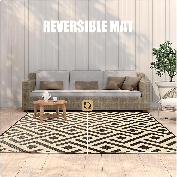 Terrug Outdoor Rug Waterproof 6x9 Ft, Foldable Outdoor Plastic Straw Rug, UV Reversible Patio Rug Decor, Outdoor Area Rug for Camping, RV, Porch, Deck, Backyard, Balcony, Picnic, Black & Beige