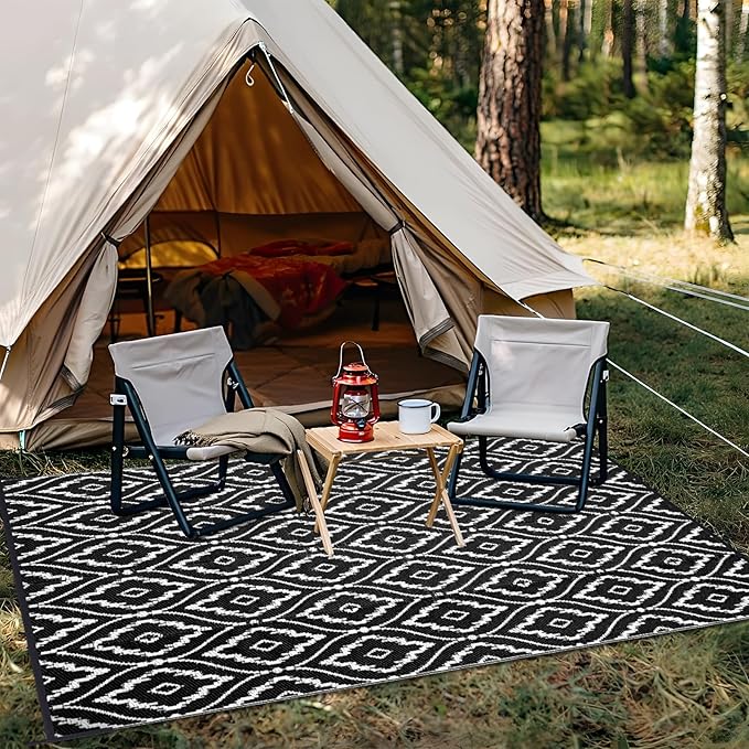 OLANLY Outdoor Rug 8x10 ft Waterproof, Outdoor Plastic Straw Rug with Geometric Pattern Clearance, Reversible RV Mat for Patio, Camping, Balcony, Deck, Backyard, Black & White