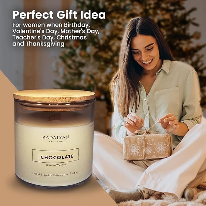 Scented Candles Clearance, Wooden Wick Soy Candles in Glass Jar, Relaxation Gifts for Women, Bath and Body Works Candles for Home Scented, Room Decor Natural Candles (Chocolate)