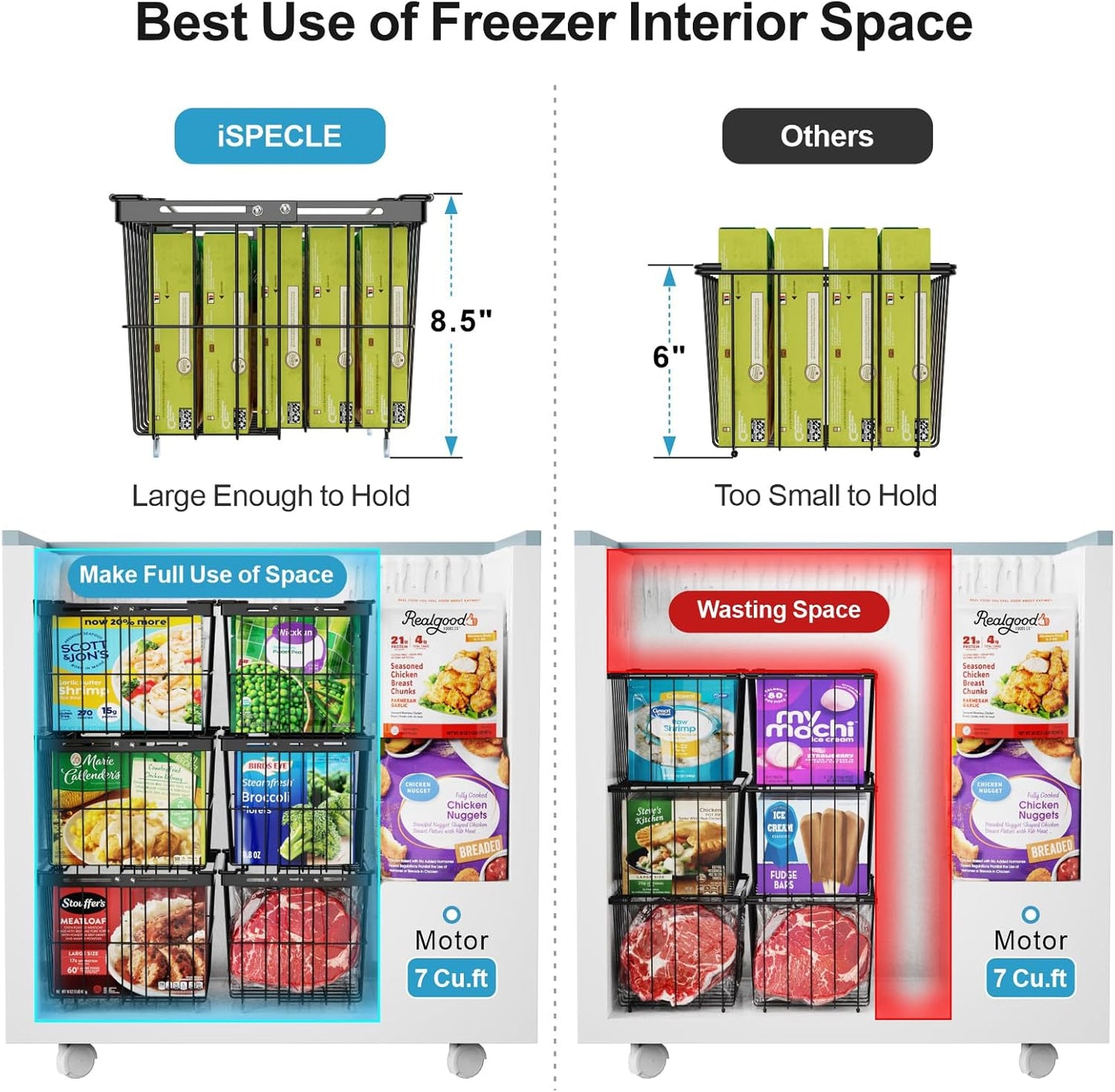 iSPECLE Freezer Organizer Bins - 1 Pc Hanging Basket & 2 Pcs Adjustable Wider & Deeper Chest Freezer Organizer Bins for 5 to 9 Cu Ft, Extra Large & Easy Organize Stackable Basket Store More, Black
