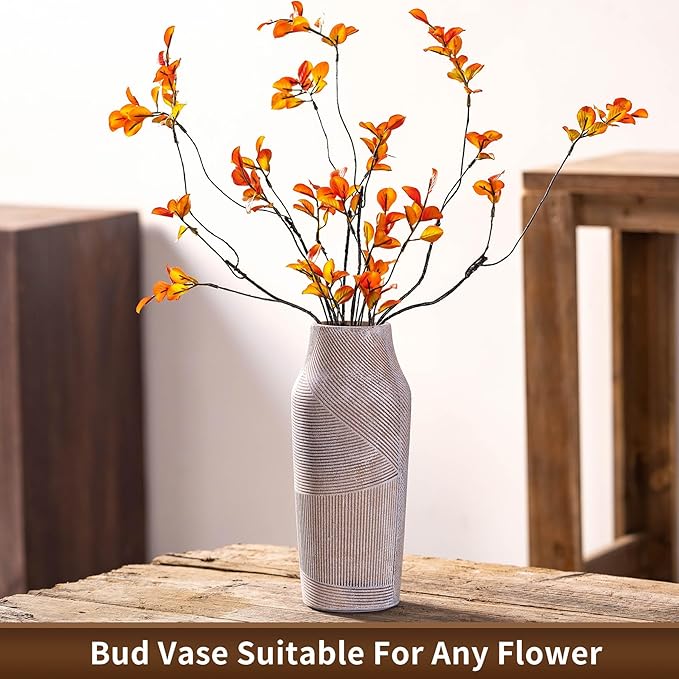 Vintage Ceramic Flower Vase, Terracotta Farmhouse Decorative Rustic Stone Clay Floral Vase, Concrete Grey Home Decor for Living Room, Entryway, Kitchen, Bedroom, Bathroom and Shelf 9.6 Inch