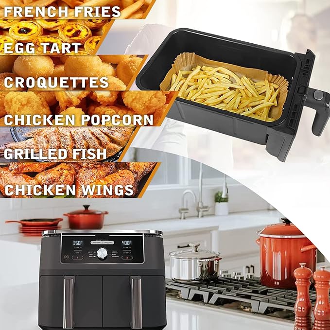 Air Fryer Liner Rectangular for Ninja Foodi Dual Basket 8QT 10QT, Bella Air Fryer Accessories, Air Fryer Liners 4 qt Rectangle, 125Pcs Parchment Paper liners for DZ201,DZ401, FG551