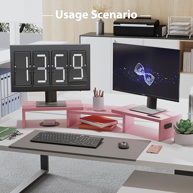 BONTEC Dual Monitor Stand Riser with Smartphone Holder, Adjustable Length & Swivel Angle, Ergonomic Wooden Desktop Organizer for PC Monitor, Laptop, Printer, Large Storage, Pink