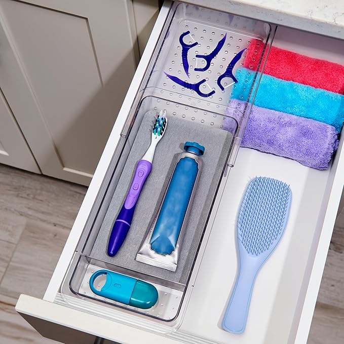madesmart Expandable Dental Tray Drawer Organizer with Drying Stone, Clear Plastic Drawer Organizer for Toothbrush, Dental Floss, Water Flosser, Mouthwash