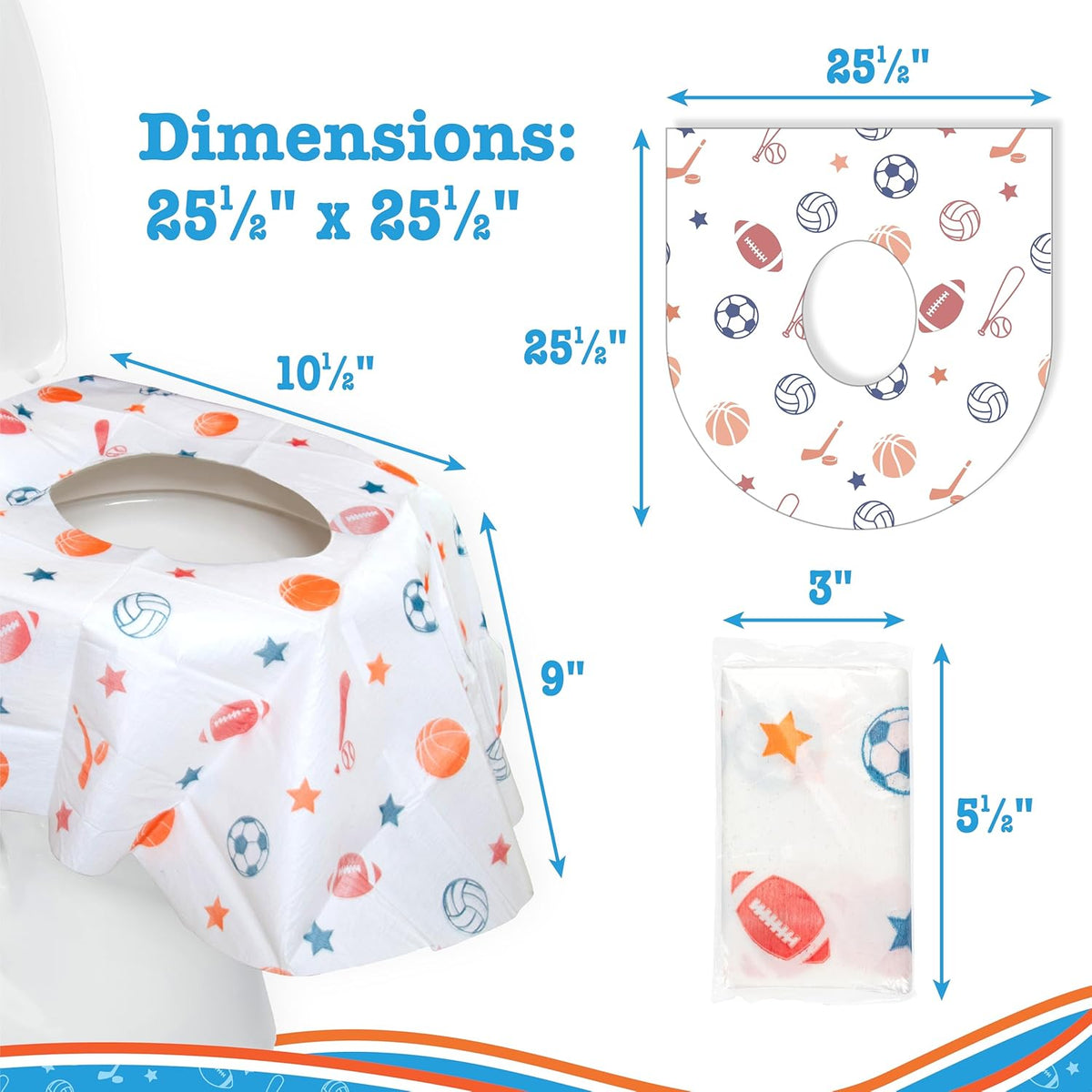 Toilet Seat Covers Disposable (12 Pack, Sports) - XL Waterproof Toilet Cover for Toddlers, Kids & Adults - Portable & Individually Wrapped for Travel, Potty Training & Public Restrooms