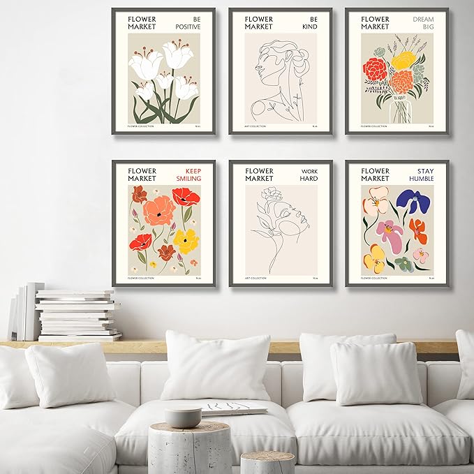 Flower Market Wall Art Prints Botanical Aesthetic Decor Minimalist Poster Inspirational Theme Flower Line Photo Vintage Abstract Pictures Canvas Wall Art Colorful Floral Wall Decor for room (11x14