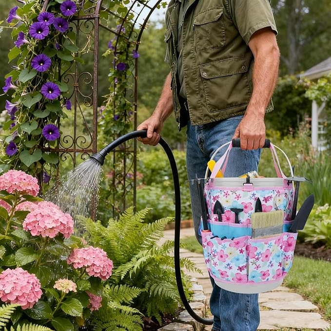 KUNN Gardening Gift for Women Men 5 Gallon Bucket Tool Organizer with 18 Pockets, Heavy-Duty Bucket Buddy Caddy Bag, Garden Tools Organizer Storage with Comfort Grip Handle Pad Attachment,Pink
