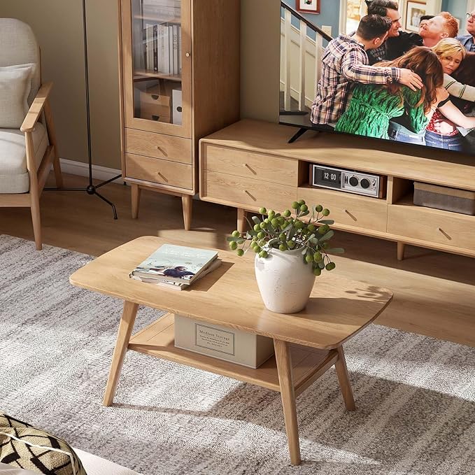 100% Solid Wood Coffee Table for Living Room, 39.37" Mid Century Modern Small Tables with Shelf Storage, 2-Tier Coffee Table with Rounded Corners (Oak Wood Log Color, 39.37" L)