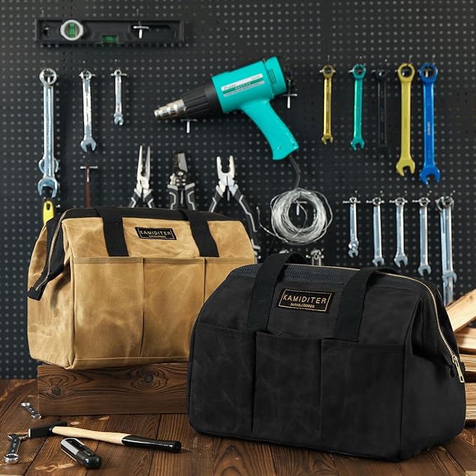 Heavy-Duty 16oz Waxed Canvas Tool Tote Bag - 15" Wide Mouth Open Top Organizer with 15 Pockets | Multi-Purpose Storage for Tools, Hardware & DIY Supplies (Black)