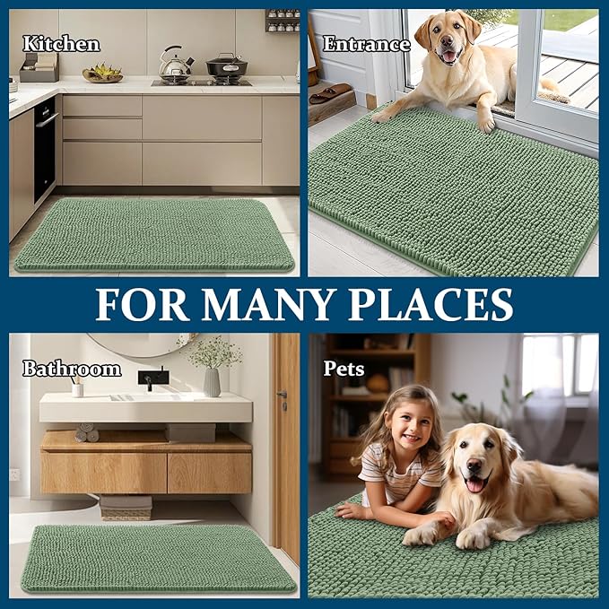 OLANLY Dog Door Mat for Muddy Paws 36x24, Absorbs Moisture and Dirt, Absorbent Non-Slip Washable Doormat, Quick Dry Chenille Mud Mat, Entry Indoor Entryway Carpet for Inside Floor, Olive Green