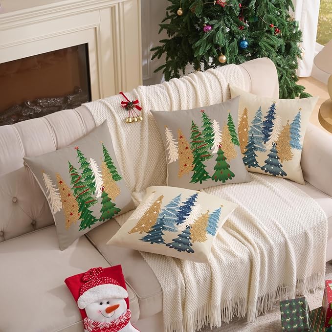 Christmas Pillow Covers 18x18 Inch Set of 2 Gray Decorative Christmas Tree Throw Pillows Linen Winter Holiday Decor for Home Sofa Couch Bed Chair