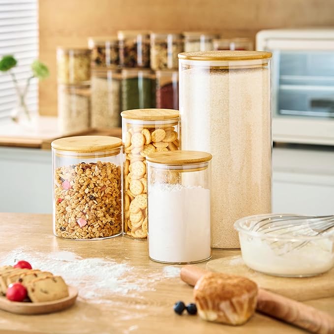 17oz - 4 Pack Glass Jars with Bamboo Lids, Glass Food Storage Containers with Airtight Lids, Air Tight Pantry Storage Containers for Coffee, Sugar, Spice, Meal Prep Jars for Salad & Fruit