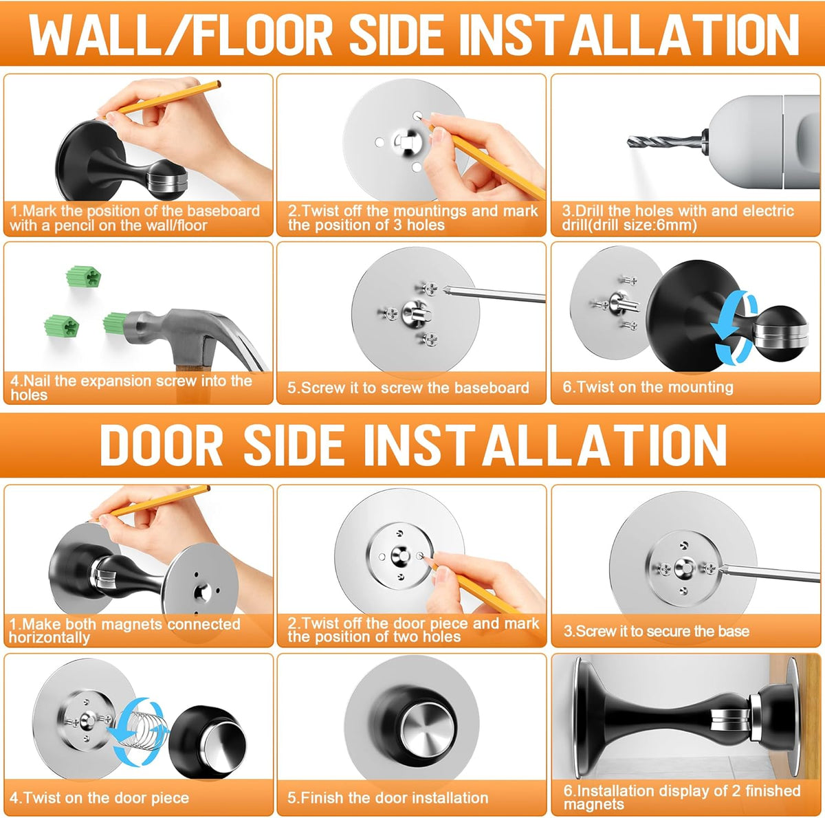 Crosize Magnetic Door Stoppers 4 Pack, Stainless Steel Door Catch for Wall and Floor Mounting, Door Holder Keep Door Open, No Drilling Door Stop with Adhesive Tapes, Silver