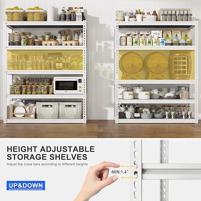 REIBII Garage Shelving 2500LBS Storage Shelves Adjustable Heavy Duty Shelving Metal Shelving 65.7" H Metal Shelves White Shelves for Pantry Kitchen 15.3" D x 33.8" W x 65.7" H