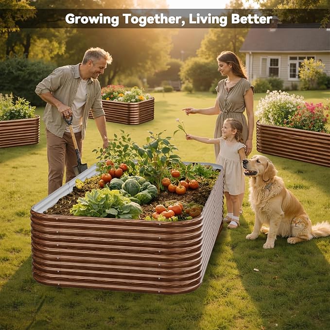 4 Pack Tall 8x4FT Brown Corrugated Galvanized Steel Raised Garden Bed Outdoor, Metal Above Ground Garden Bed for Vegetables and Flowers, Raised Beds for Gardening