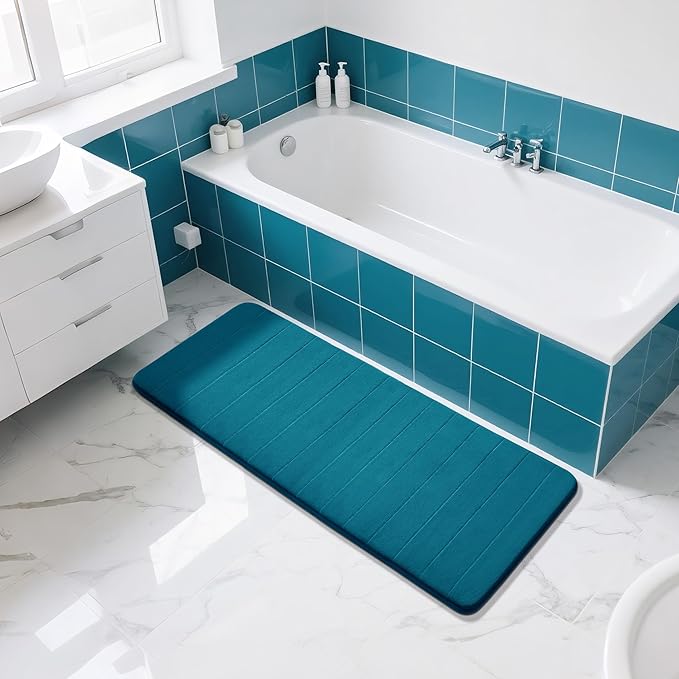 Yimobra Bathroom Runner 55"x24", Non Slip Memory Foam Bath Mat, Super Soft Water Absorbent Hallway Carpet, Machine Washable Rug for Vanity Tub Shower, Peacock Blue