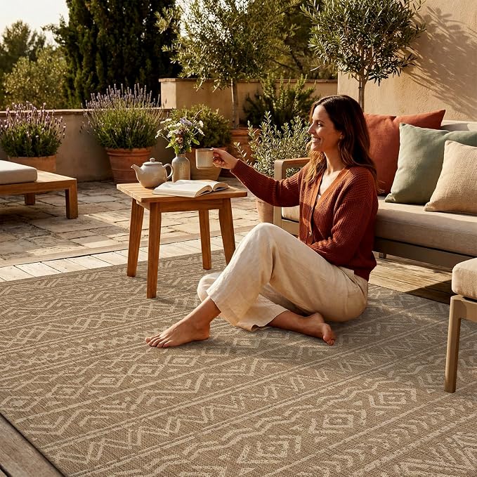 MontVoo-Outdoor Rug-Patio Rug 5x7 Polypropylene Indoor Outdoor Rugs Outdoor Carpet for Patio Deck Balcony Porch, Textured Weave, Durable for High Traffic, Fade-Resistant, Boho Farmhouse Neutral Brown
