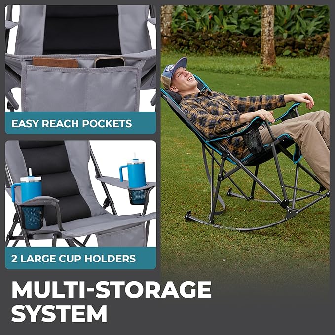 FUNDANGO Oversized Rocking Camping Chair for Adults, High Back Padded Folding Lawn Chairs with Pillows, Wide Armrest, 2 Cup Holders, Carry Bag for Patio Garden Outdoor Supports 440Lbs (Grey)