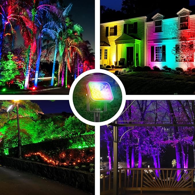 T-SUN Solar Spotlights Outdoor, 4 in 1 Color Changing Landscape Spot Lights Auto ON/Off RGB Garden Pond Lights for Yard, Pathway, Driveway, Pool Area