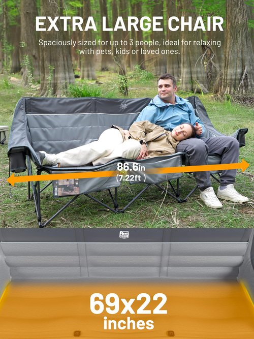 TIMBER RIDGE Padded 3 Person Camping Chair Supports to 1050lbs, Portable Camp Couch Double Camping Chairs, Outdoor Oversized Folding Loveseat Perfect for Campsites, Patio/Lawn, Soccer Games, Grey