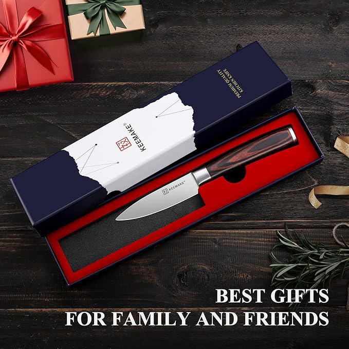 KEEMAKE 3.5 inch Paring Knife 3.5 Inch, Fruit Knife German High Carbon Stainless Steel Blade, Pakkawood Handle Small Kitchen Knife with Gift Box