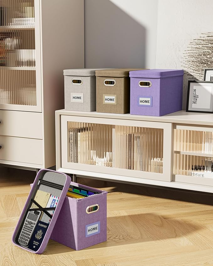 Oterri File Organizer with Lid, Hanging Filing Box with Mesh Pocket, Document Organizer for Letter Files, Portable Storage Box for Office & Home (1 PCS, Taro Purple)