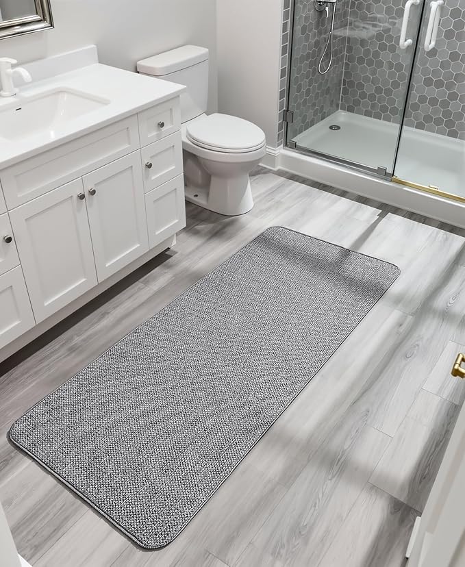 Bath Mat,Ultra Thin Bathroom Runner Rugs,Large Bath Mats for Bathroom,Quick Dry,Non-Slip,Machine Washable,Low Pile,Bath Rug,Shower Outside,Sink,Home Decor Accessories.Grey,3'x5'(36x60inch)