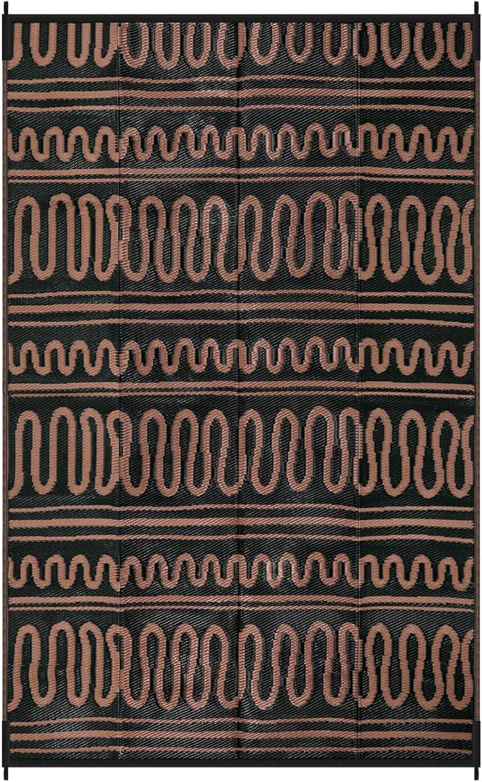 Beeiva Outdoor Area Rug, 6x9 Large Outdoor Rug Waterproof, Reversible Plastic Indoor Outdoor Rug for Deck, Balcony, Backyard, Porch, Camping, Picnic - Black/Brown