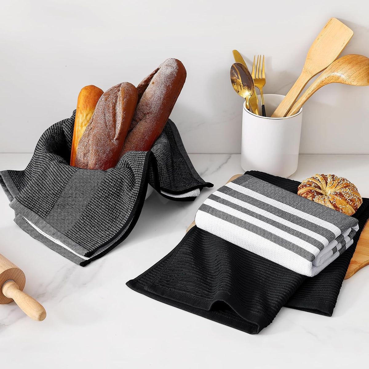 Homaxy Premium Kitchen Towels(18”x 28”, 3 Pack), Large Cotton 380 GSM Kitchen Hand Towels, Soft and Absorbent Terry Dish Towels, Multipurpose Tea Towel Set with Hanging Loop, Black