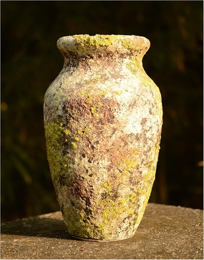 roro Handmade Green Mossy Classical Asian Antiquity Matte Rustic Ceramic Stoneware Vase, 7.5 inch Tall