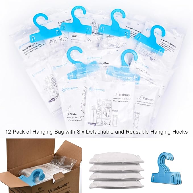 12 Pack (7 oz. ea.) Moisture Absorber Refill Hanging Bags, Moisture Absorber Packets with Reusable 6pcs Hooks, Humidity Packs, Hanging Closet Dehumidifier Bags