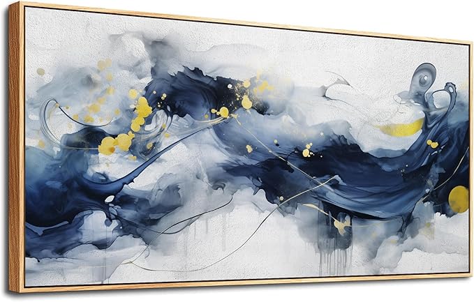hyidecorart Wall Art For Living Room Large Size Wall Decor For Office Bedroom Wall Decorations Pictures Artwork Blue Abstract Ink Paintings Wood Framed Canvas Art Prints Ready To Hang Home Decor