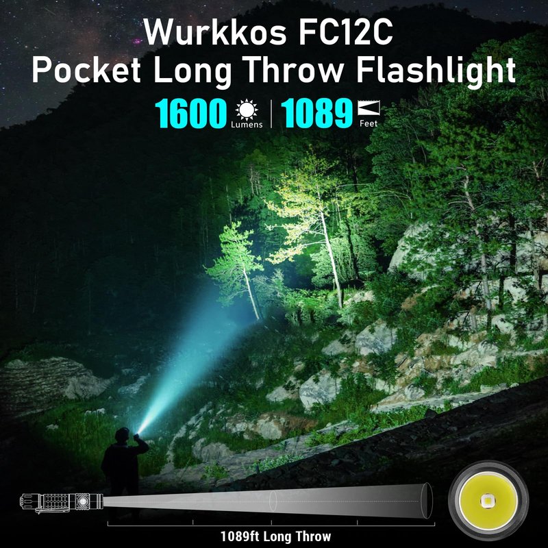 Wurkkos FC12C Tactical Flashlight 1600 High Lumens, Rechargeable LED Flashlights, 332M Long Throw Flash Light, IP68 Waterproof, Dual Switches and Constant Current Circuit for Home Camping Hiking