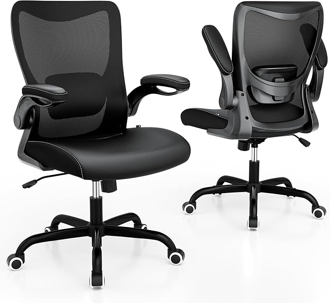 Office Chair, PU Leather Ergonomic Desk Chair with Adjustable Lumbar Support and Flip up Armrest, Breathable Mesh Computer Chair for Home Office, Black