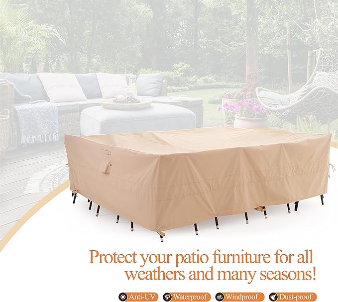 WJ-X3 Rectangular Beige Patio Table Cover, 102W x 78D x 31H Inches - Heavy Duty, Waterproof, Wind-Resistant, Anti-Fade - Ideal for Outdoor Dining Set Protection