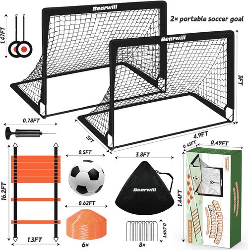 Bearwill Soccer Goal - Portable Kids Soccer Goals Set of 2 | 4x3ft Pop Up Net with Training Equipment