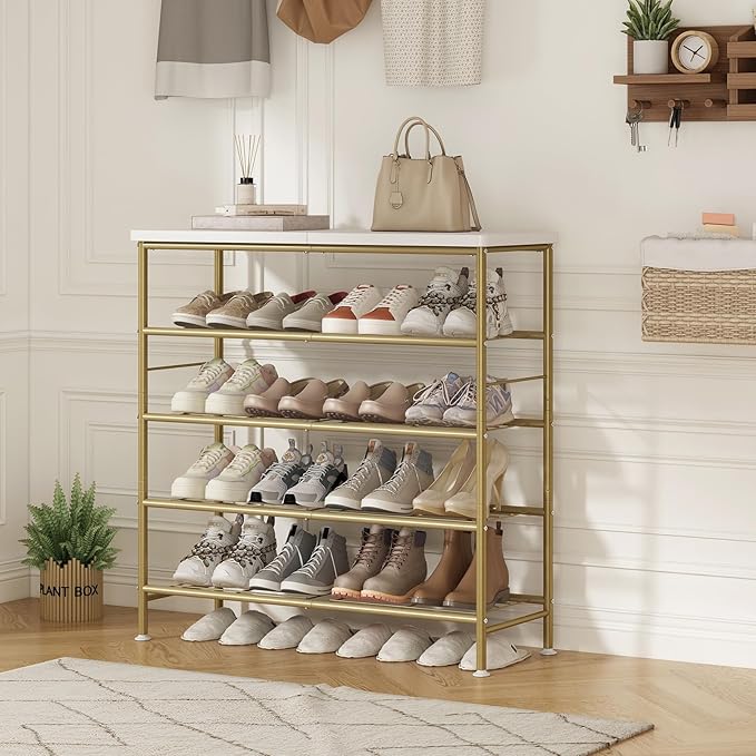 Shoe Rack Organizer 5 Tier for Closet Entryway Free Standing Metal Storage Shoe Shelf with MDF Top Board,Gold