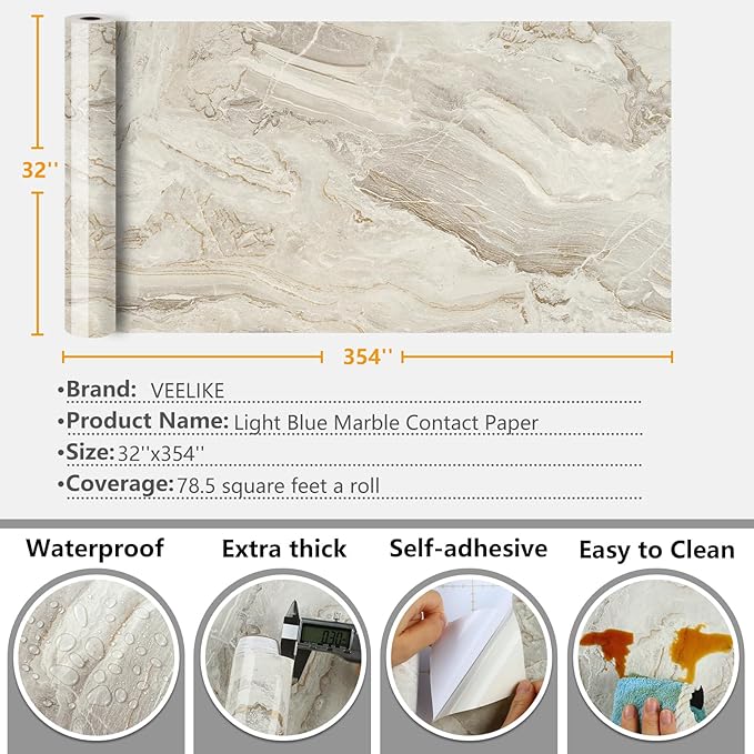 VEELIKE Wide 32''x354'' Beige Gold Marble Contact Paper